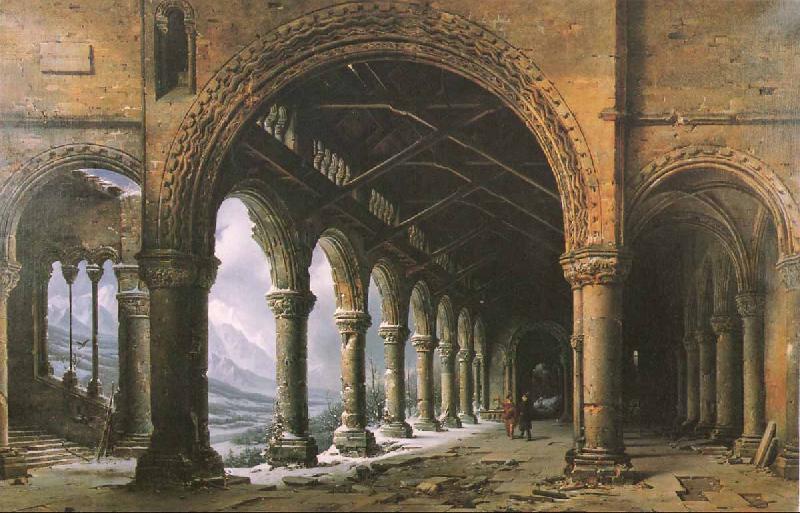 louis daguerre The Effect of Fog and Snow Seen through a Ruined Gothic Colonnade China oil painting art